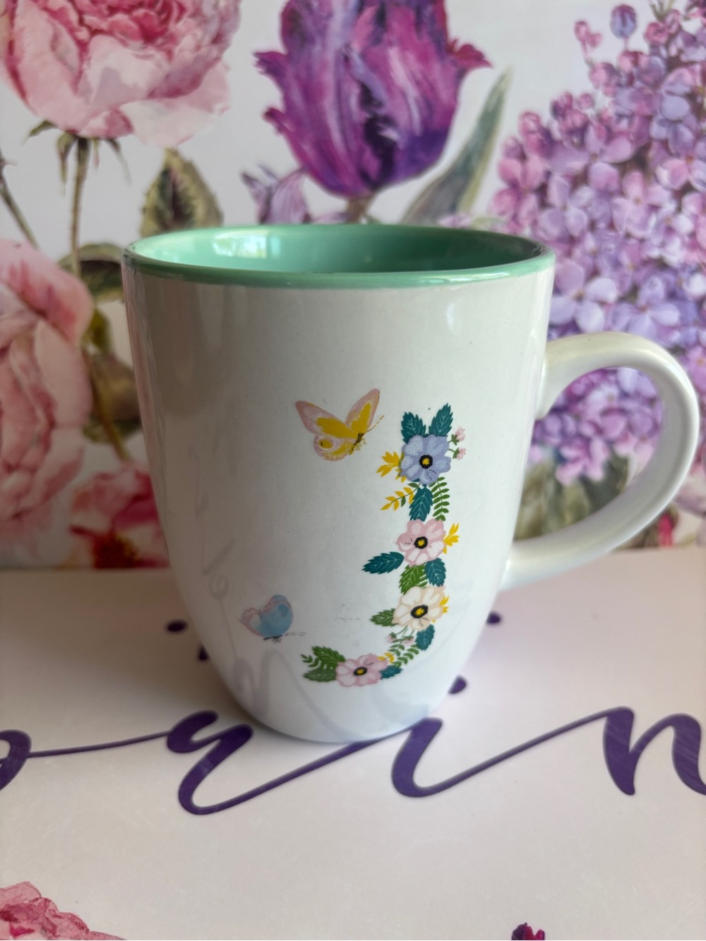 Mug/Letter J White Ceramic Floral Butterfly Mug with Mint Interior - Picture 6 of 6